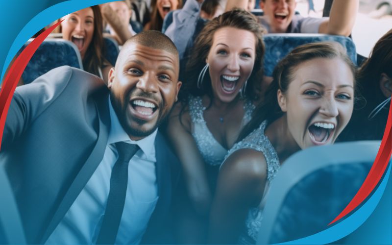 wedding guests smiling inside the coach, budget-friendly coach hire, May 2024, UK